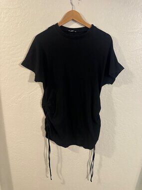 Superdown Revolve Black Ruched Tie Bottom Short Sleeved Cotton Mini Dress
